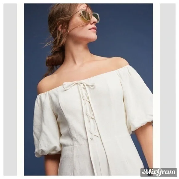 Anthropologie lace front beach ivory wide leg crop jumpsuit